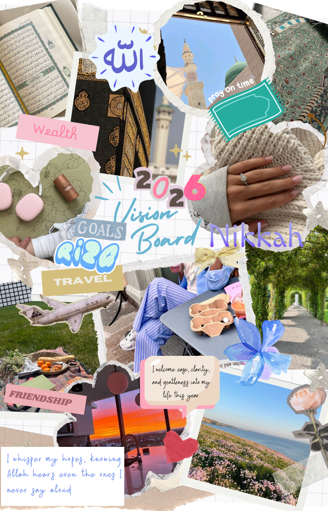 Example Islamic vision board collage for 2026, faith-first goals (dua, rizq, nikkah, prayer) with visuals and prompts using the Minara Dua Vision Board.