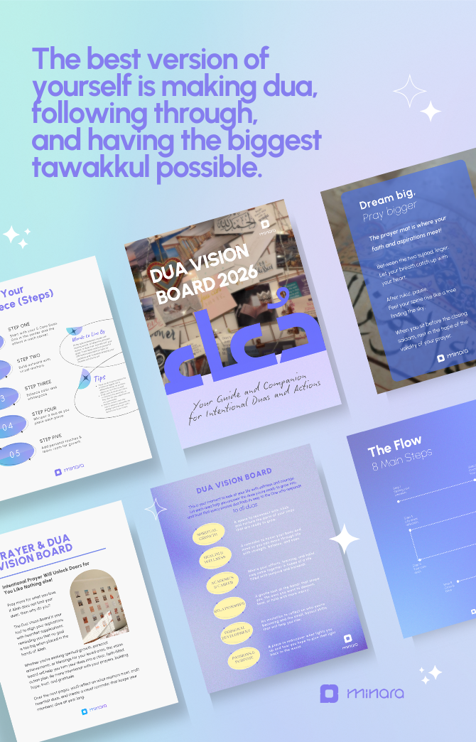 Preview of Minara Dua Vision Board 2026 pages, 8-step Islamic goal-setting flow with dua prompts, tawakkul + action, and printable elements for a faith-first reset.